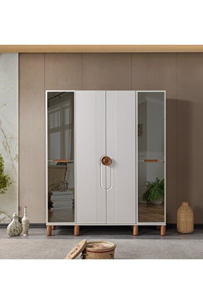 Dodef Wood Lotus Gardırop 4 Kapaklı 2 Gizli Çekmeceli Aynalı Elbise Dolabı ve...
