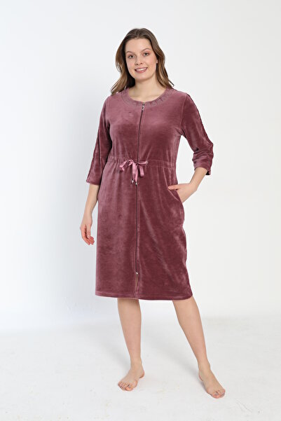 ROMEO LİFE Women's Cotton Velvet Zippered Winter Dress / K. Dried Rose 3821