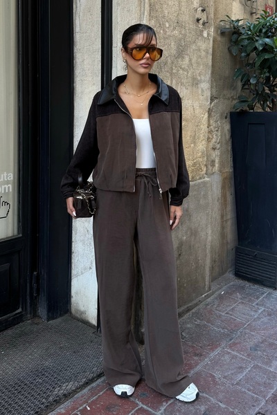 BEJNA Women's Brown Contrast Collar Lined Mix Suit