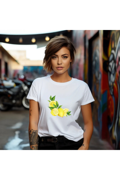 OKTANE Women's t-shirt Lemon model 9, summer, Fruits, 100% Cotton, white colo...