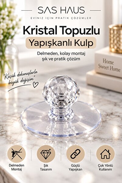 Sas Hausgerate 4 Adet Kristal Topuzlu Yapışkanlı Dolap Çekmece Kulpu – Delmeden Montaj Şeffaf Kapak