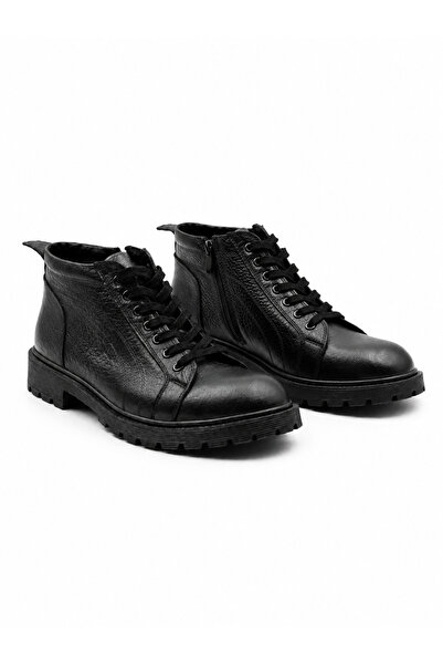 BESS SHOES Hakiki Deri Siyah Erkek Bot – Bağcıklı Fermuarlı, Kaymaz Taban, Su...