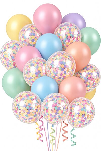 Onay Store 10 Adet Renkli Makaron Balon ve Makaron Konfetili Şeffaf Balon - P...