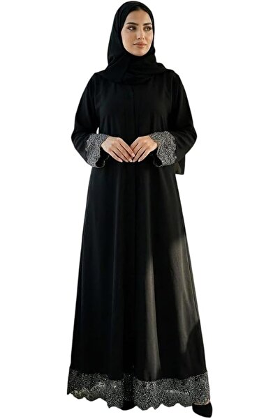 Generic Women's Black Abaya with Embellished Lace Cuffs and Hem, Full-Length ...