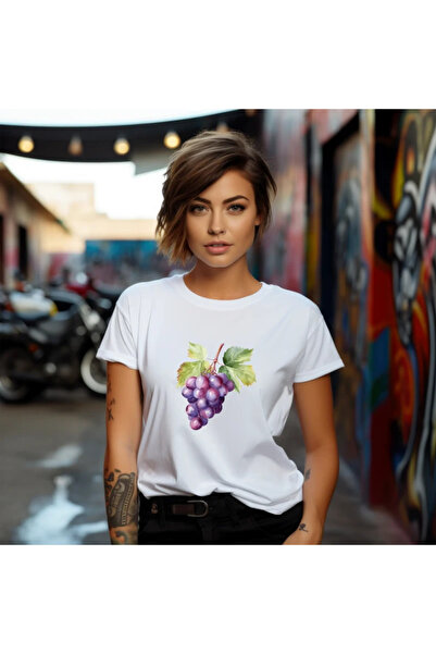 OKTANE Women's t-shirt Grapes model 2, summer, Fruits, 100% Cotton, white col...