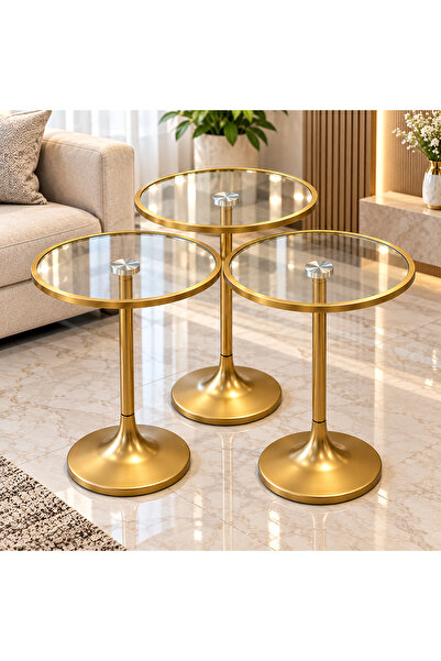 Royal Home طقم 3 طاولات جانبية دائرية زجاجية بإطار وقاعدة ذهبية