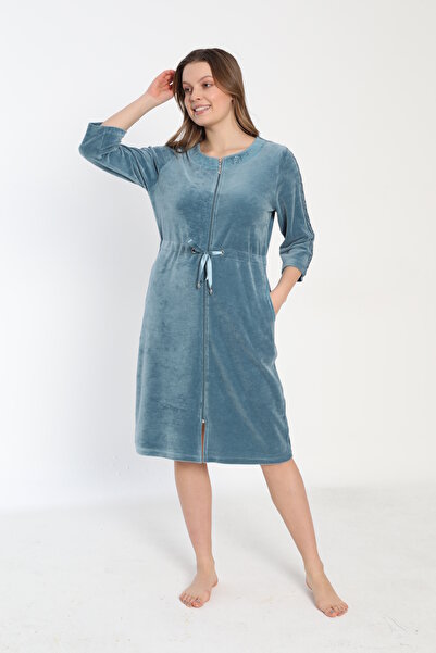 ROMEO LİFE Women's Cotton Velvet Zippered Winter Dress / Mint 3821