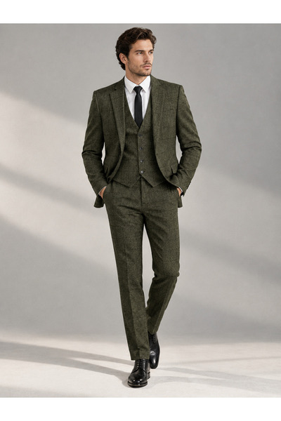 Generic Men's Modern Elegant Olive Green & Gray 3-Piece Suit – Slim Fit Jacke...