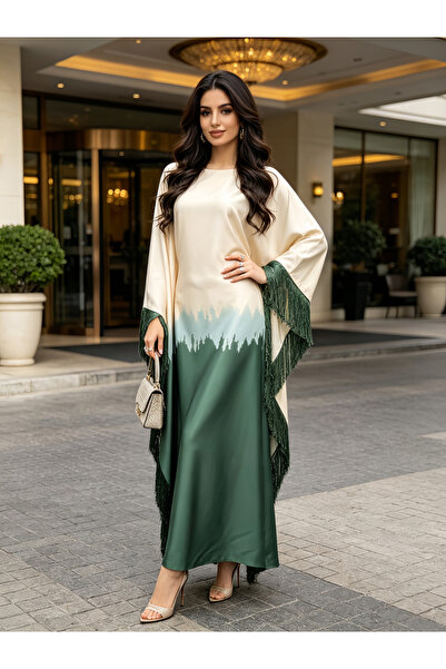 Take Two By Styli Dark Green Kaftan Dress with Fringed Sleeves