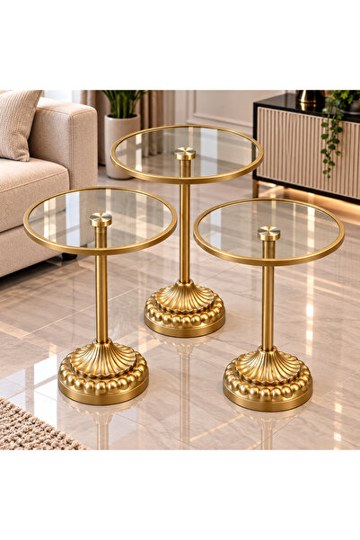 Royal Home Set of 3 Round Glass Gold Decorative Pedestal Nesting Tables