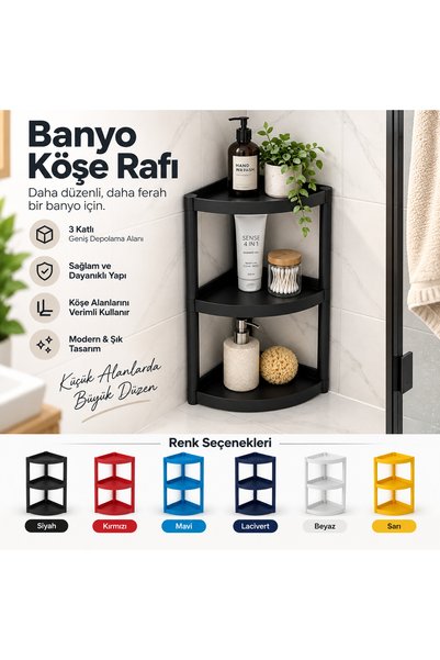 MYE TEKNOLOJİ 3 Katlı Banyo Köşe Rafı Duş Organizeri Şampuanlık Çok Amaçlı Kö...