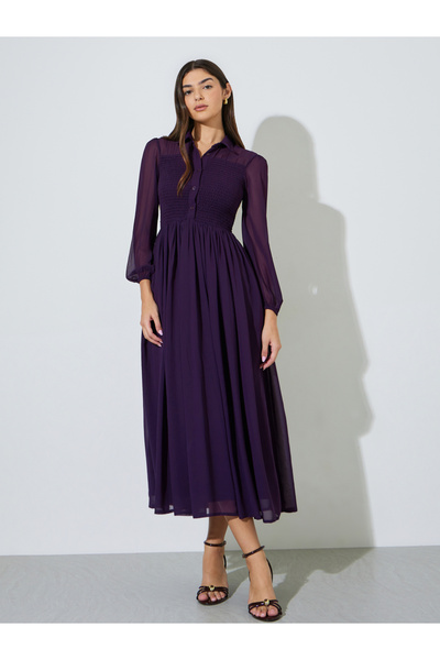 Styli Purple Solid Ruched Detail Shirt Maxi Dress with Long Sleeves