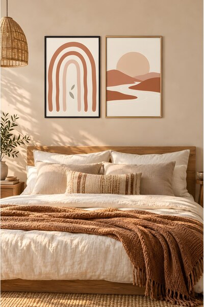 ZURİ DESİGN Boho Tablo Seti Çerçeve Görünümlü MDF Duvar Tablosu Terracotta So...