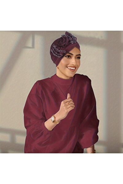 Take Two By Styli حجاب توربان بلون النبيذ مع تفاصيل زهور مزخرفة