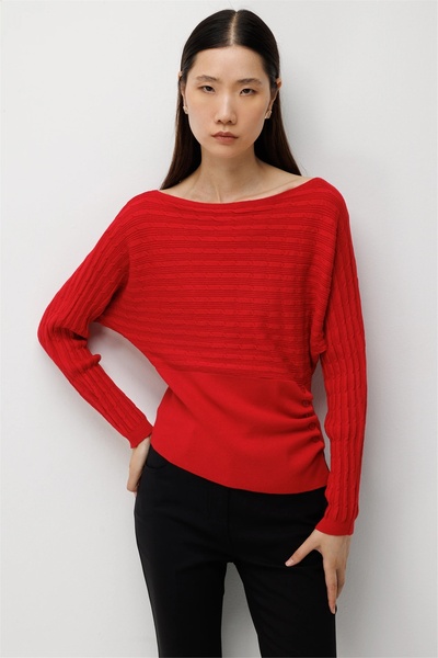 ON Women's Boat Neck Ornament Buttoned Knitwear Sweater 15356 Red
