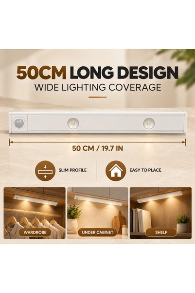 Generic Brand قطعتان من أضواء LED للخزانة بطول 50 سم مع مستشعر حركة، قابلة لإعادة الشحن عبر USB، أضواء مغناطيسية تحت الخزانة، 3 درجات حرارة لونية للخزانة والمطبخ والدولاب