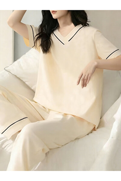 Take Two By Styli Cream Knitted V-Neck Short Sleeve Pajama Set
