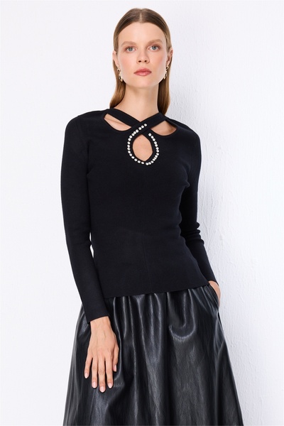 ON Women's Window Detailed Stoned Knitwear Sweater 10305 Black