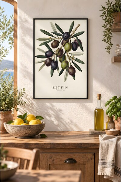ZURİ DESİGN Zeytin Yazılı Mutfak Tablosu Retro Botanik Gravür Çerçeve Görünüm...