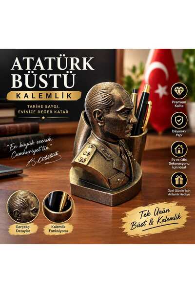 3D Kaliteli 1.Sınıf Baskı Atatürk Büstü Kalemlikli Dekoratif 20cm