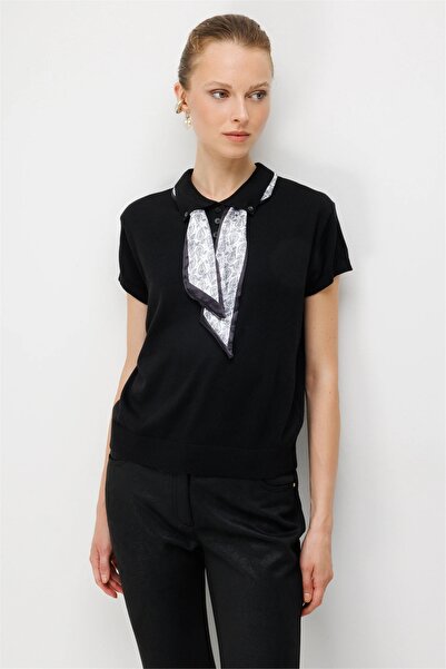ON Women's Short-Sleeved Knitwear Sweater with Scarf Collar 10336 Black