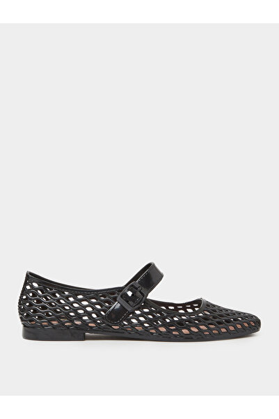 Styli Black Woven Cutout Mary Jane Ballerina Flats with Buckle Strap