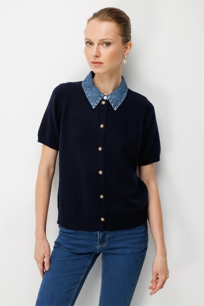 ON Women's Denim Detailed Short Sleeve Knitwear Cardigan 10509 Navy Blue