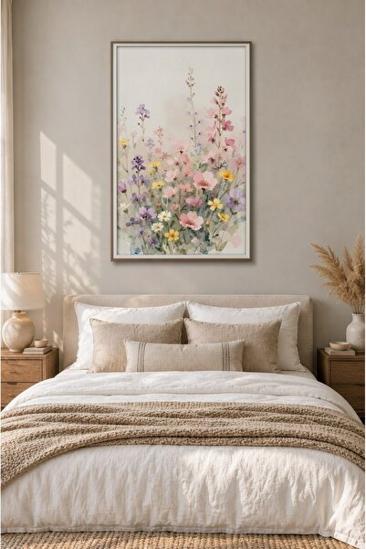 ZURİ DESİGN Pastel Kır Çiçekleri Tarlası Tablo Çerçeve Görünümlü MDF Duvar Ta...