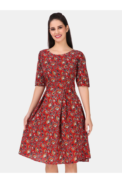 HOUSE OF RAELI By Styli فستان بخط A بلون خمري مزين بالزهور بطول الركبة مع أكم...