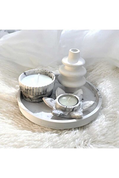 Pura Design Dekoratif Mermer Desen Yuvarlak Organizer Tabak Nilüfer Tealight Vazo Beton Kase Soya Mum Set