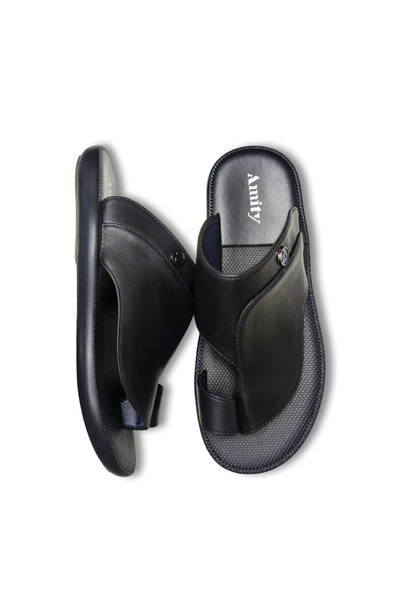 Chaolizi Men's Toe Loop Faux Leather Slide Sandals with Metal Badge