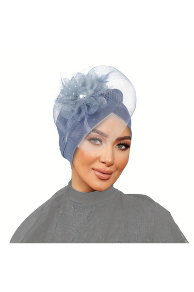 Take Two By Styli Grey Turban Hijab with Embellished Flower Detail