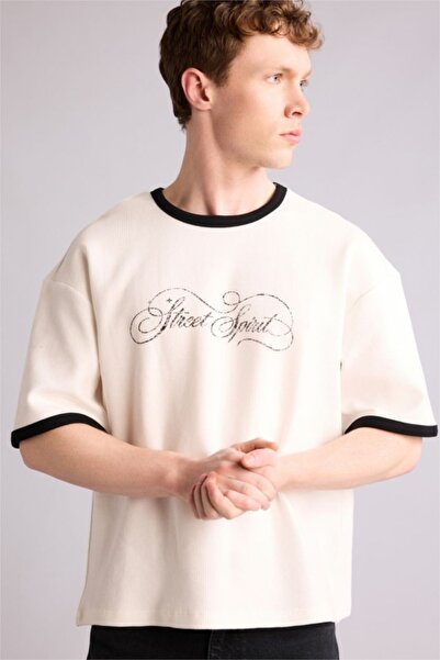 DeFacto 100% Cotton Boxy Fit Printed Waffle T-Shirt H3526Ax26Sp
