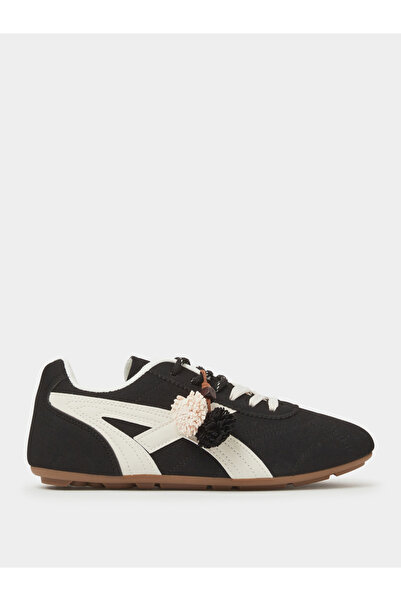 Styli Black Lace-Up Retro Sneakers with Pom-Pom Charm