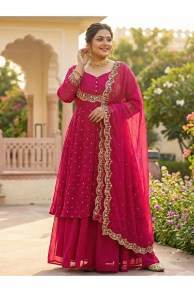 MYSMAR Rani Pink Vichitra Silk Embroidered Anarkali Suit Set - FFT8155 | Rani...