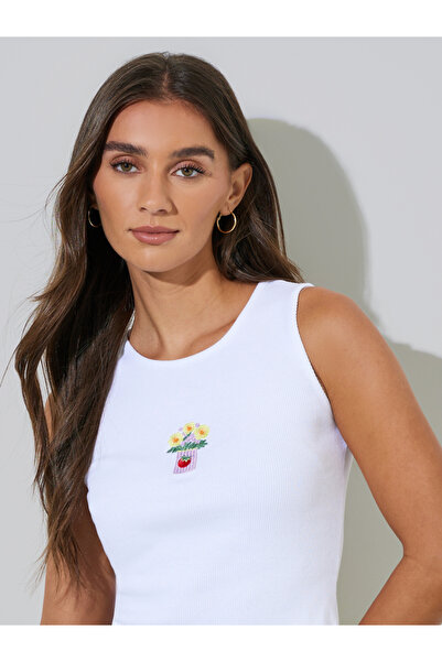 Styli White Embroidered Round Neck Tank Top