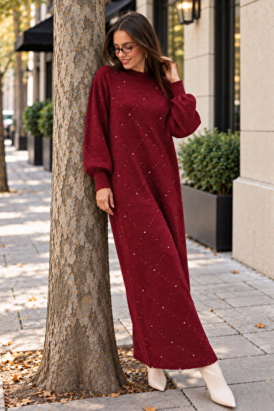 benguen Taş İşlemeli Triko Elbise K3071 Bordo