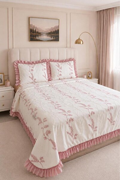 Çeyiz Diyarı Ruffle Rose Embroidered Chenille 3 Piece Double Bedspread Cream ...