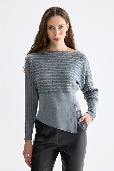 ON Women's Boat Neck Ornamented Buttoned Knitwear Sweater 15356 Gray