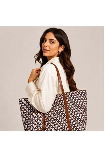 Generic Geometric Print Shopper Tote Bag with Detachable Pouch - Brown