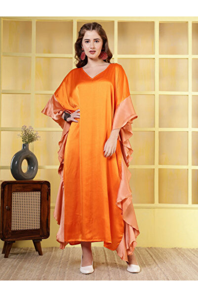 RUE COLLECTION By Styli فستان كافتان برتقالي بأكمام متموجة بلون الخوخ