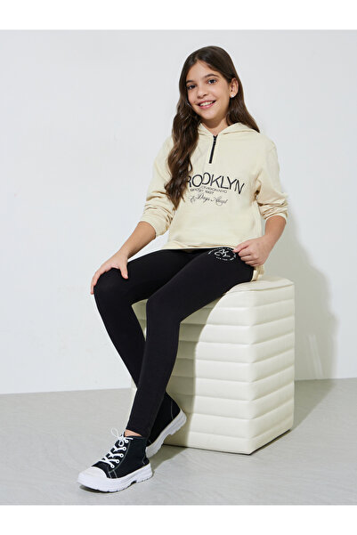 Styli Teen Girls Beige Graphic Print Hoodie and Black Leggings Set