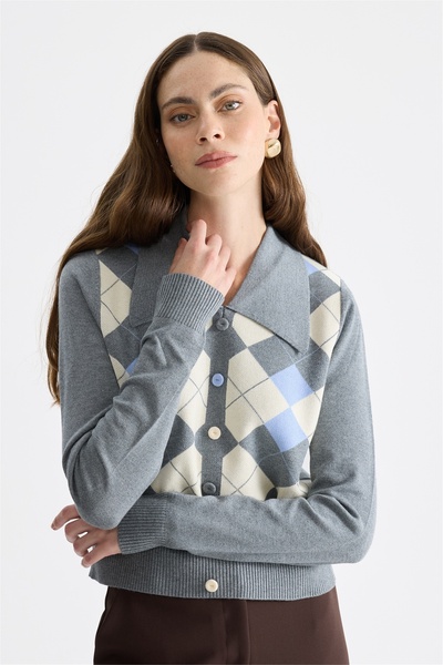 ON Women's Square Patterned Ornamental Buttoned Knitwear Sweater 15328 Gray