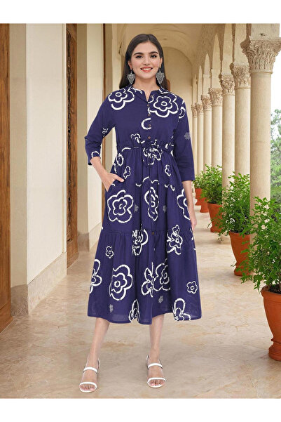 Ishin By Styli Blue Cotton Floral Print Tiered Midi Dress