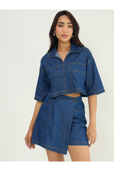 Femmella By Styli Navy Blue Denim Shirt and Skort Set