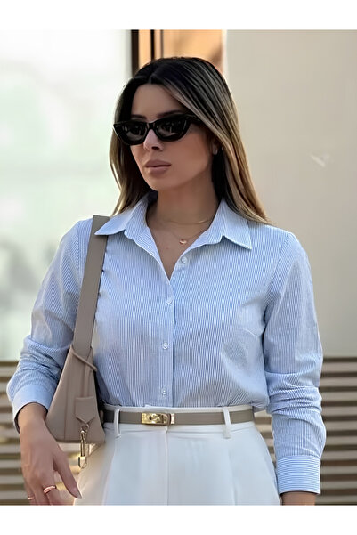 TAHVO By Styli قميص أزرق فاتح مخطط بخطوط رفيعة بأزرار أمامية