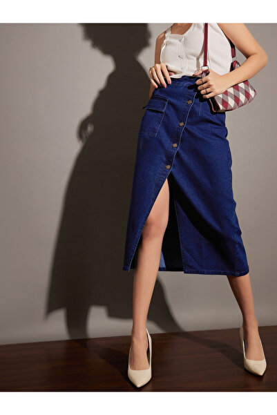 Sassafras By Styli Modest A-Line Midi Denim Skirt with Front Buttons