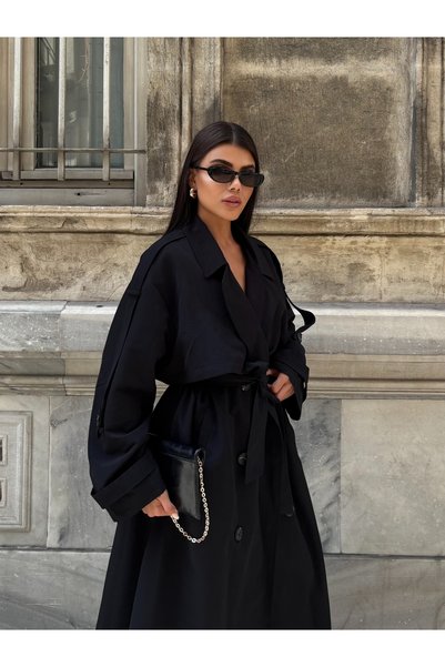 MODAMERSİ Women's Black Oversized Long Trench Coat with Tie Detail