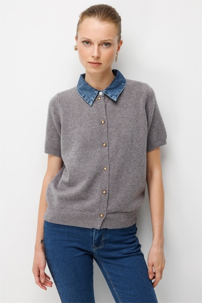 ON Women's Denim Detailed Short Sleeve Knitwear Cardigan 10509 Gray