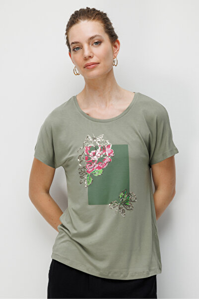 Desen Triko Γυναικείο T-shirt με λαιμόκοψη σε σχήμα Ο, με παγιέτες και τριαντ...